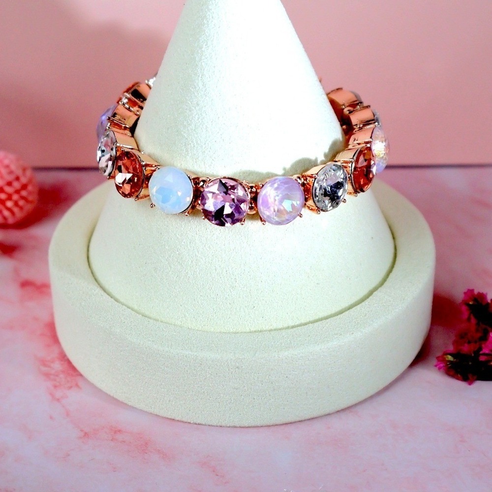 Vintage Pastel Multi-Stone Rivoli Row Stretch Bracelet Rose Gold NOS